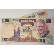 ZAMBIA 1989-1991 . FIFTY 50 and ONE HUNDRED 100 KWACHA BANKNOTES